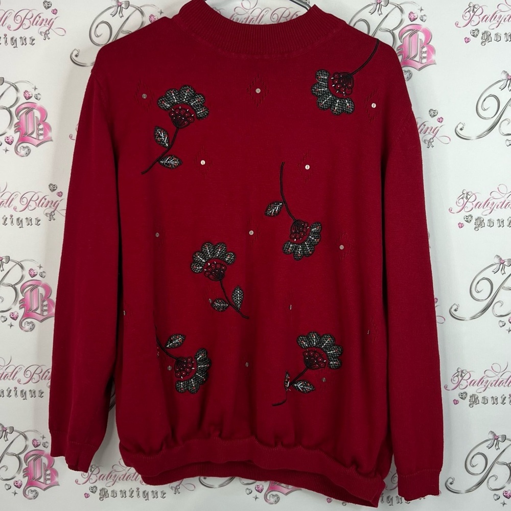 Alfred Dunner sweater embroidered sequins beaded Red Floral Women's Sweater